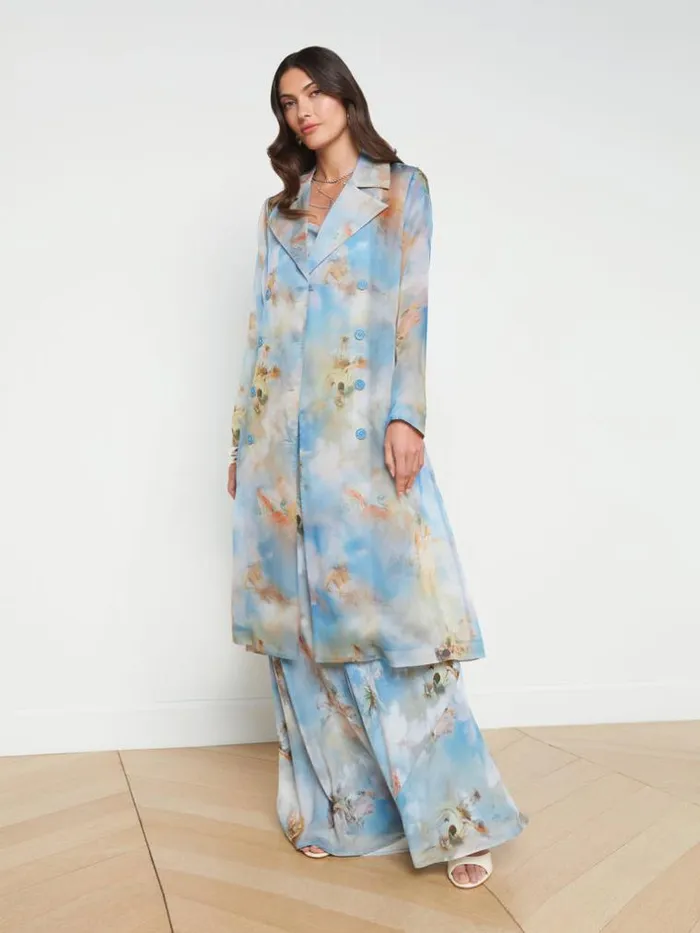 L039Agence Blazers and Jackets Women Moda Silk Organza Trench Coat Light Blue Multi Renaissance
