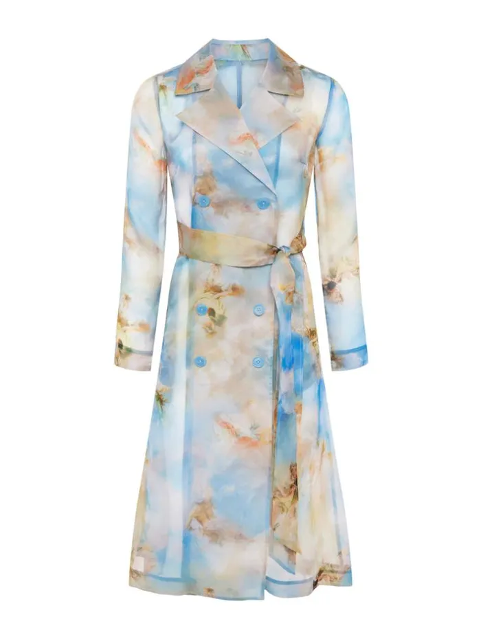 L039Agence Blazers and Jackets Women Moda Silk Organza Trench Coat Light Blue Multi Renaissance
