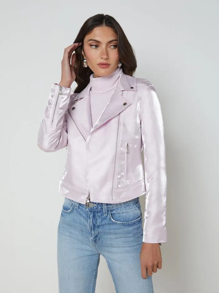 L039Agence Blazers and Jackets Women SatinOrganza Biker Jacket Lilac Snow