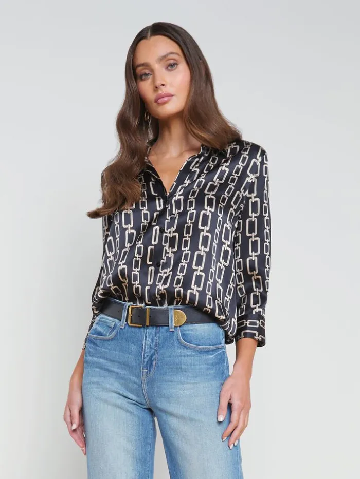 L039Agence Blouses and Tops Women Dani Silk Blouse Black Multi Geo Chain