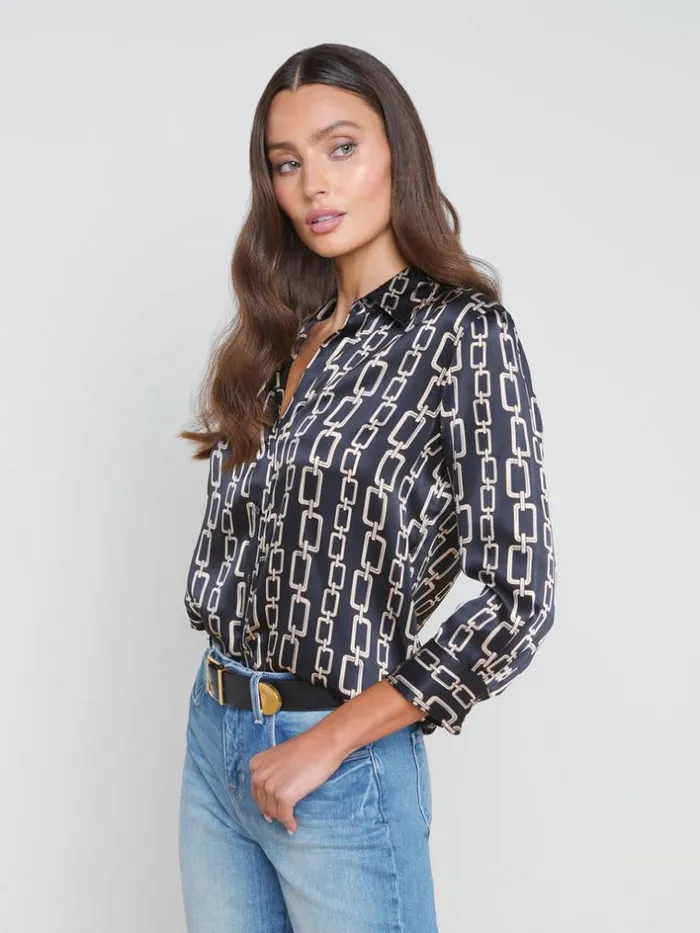 L039Agence Blouses and Tops Women Dani Silk Blouse Black Multi Geo Chain