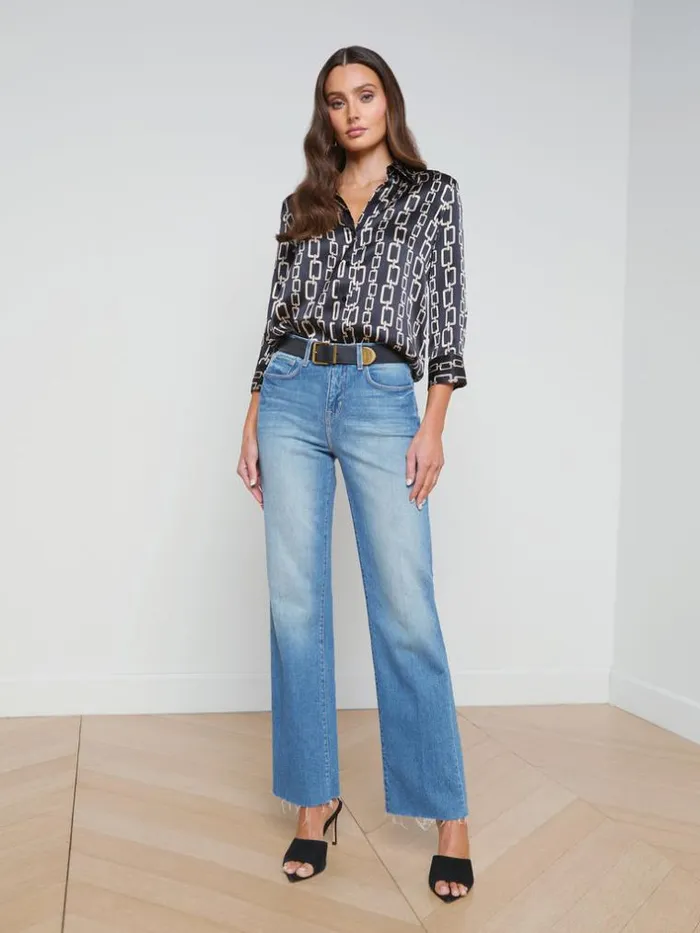 L039Agence Blouses and Tops Women Dani Silk Blouse Black Multi Geo Chain