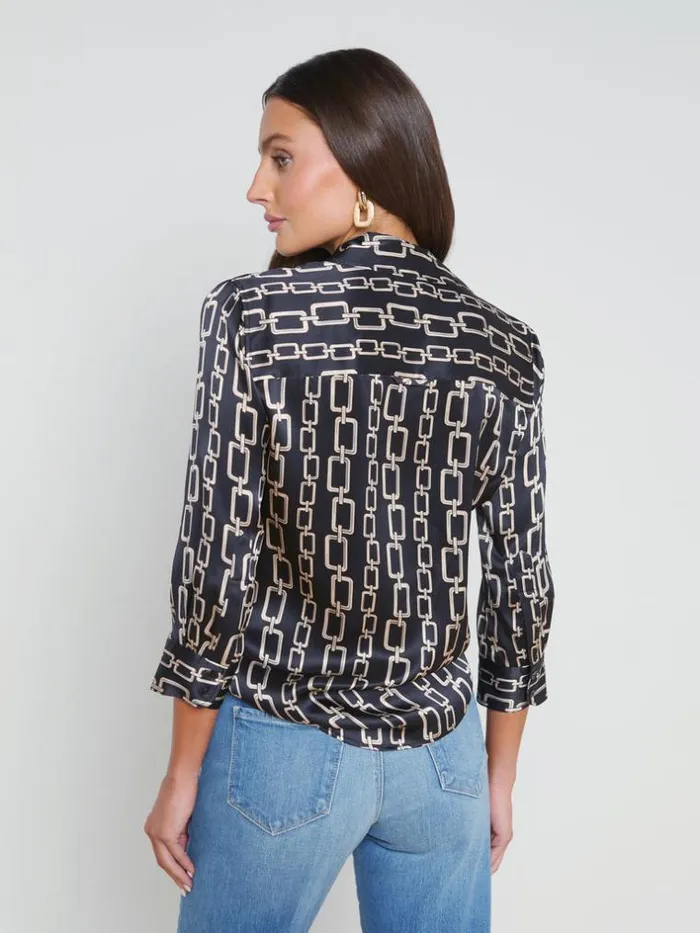 L039Agence Blouses and Tops Women Dani Silk Blouse Black Multi Geo Chain