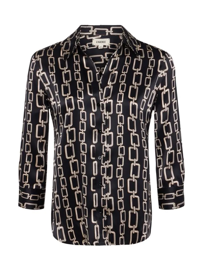L039Agence Blouses and Tops Women Dani Silk Blouse Black Multi Geo Chain