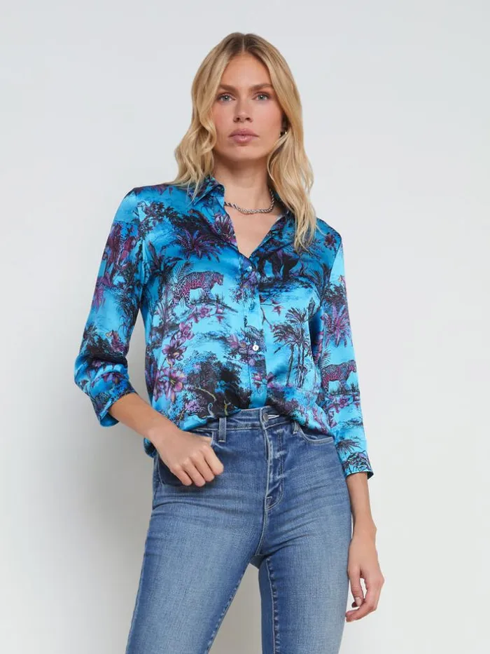 L039Agence Blouses and Tops Women Dani Silk Blouse Blue Multi Jungle Toile