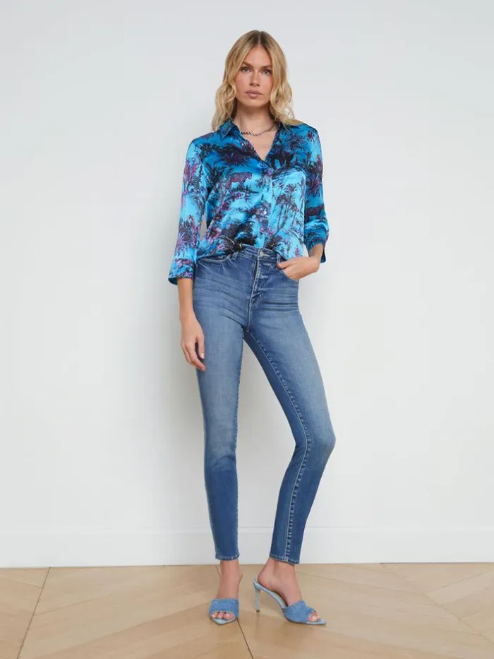 L039Agence Blouses and Tops Women Dani Silk Blouse Blue Multi Jungle Toile