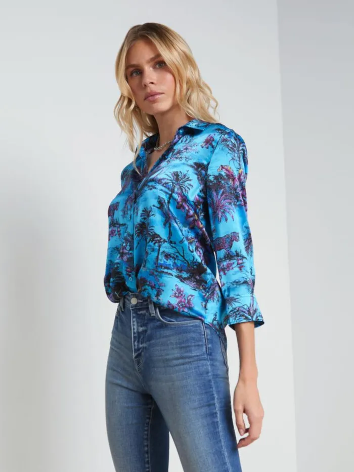 L039Agence Blouses and Tops Women Dani Silk Blouse Blue Multi Jungle Toile