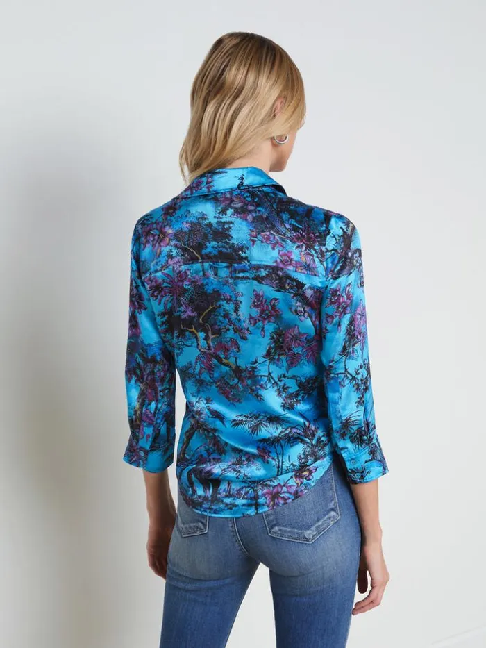 L039Agence Blouses and Tops Women Dani Silk Blouse Blue Multi Jungle Toile