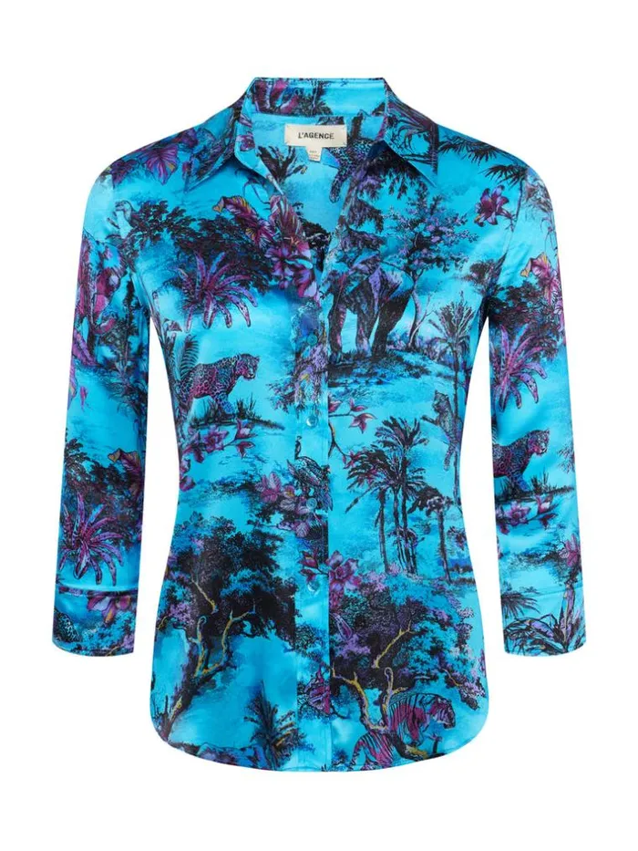 L039Agence Blouses and Tops Women Dani Silk Blouse Blue Multi Jungle Toile