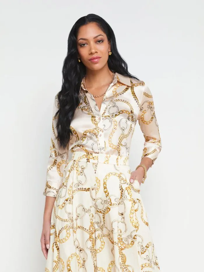 L039Agence Blouses and Tops Women Dani Silk Blouse Ecru Multi Oversized Chain