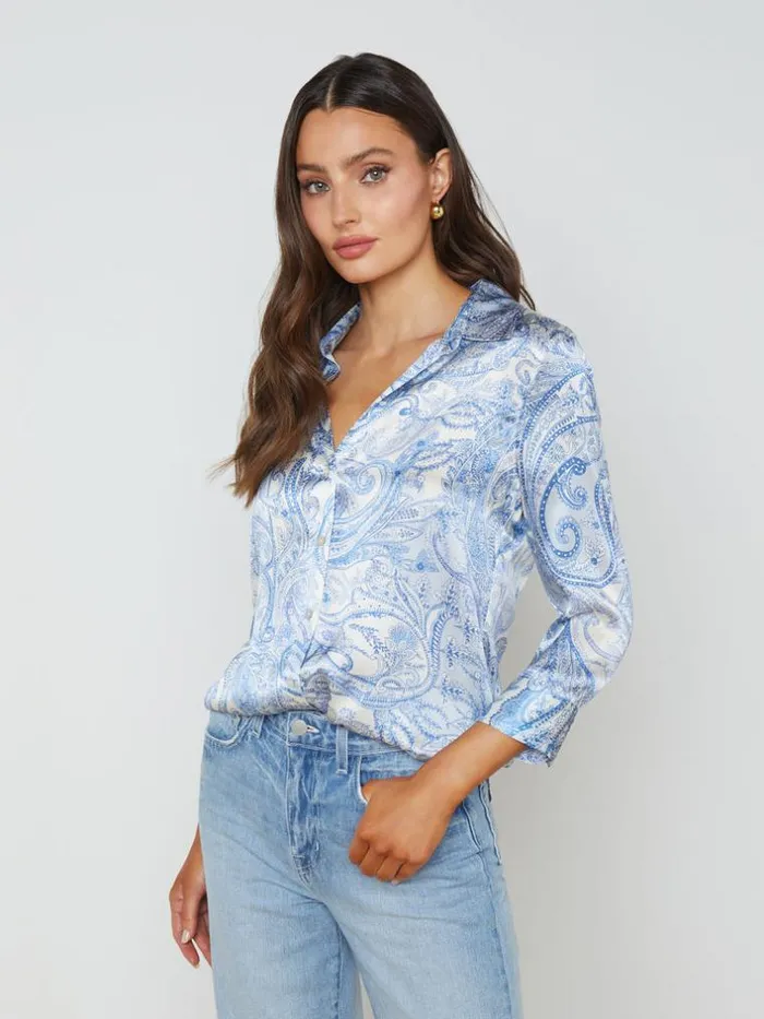 L039Agence Blouses and Tops Women Dani Silk Blouse Ivoryblue Decorated Paisley L039Agence Blouses and Tops Women Dani Silk Blouse Ivoryblue Decorated Paisley