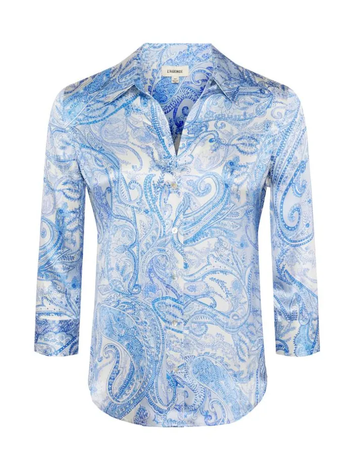L039Agence Blouses and Tops Women Dani Silk Blouse Ivoryblue Decorated Paisley