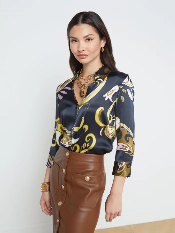 L039Agence Blouses and Tops Women Dani Silk Blouse Olive Multi Abstract Scarf L039Agence Blouses and Tops Women Dani Silk Blouse Olive Multi Abstract Scarf