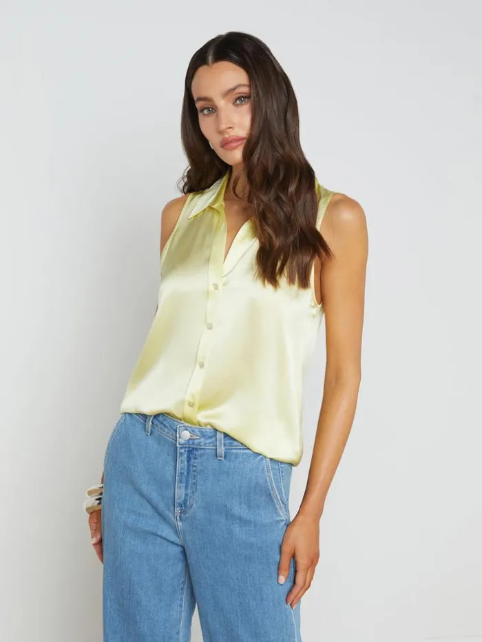 L039Agence Blouses and Tops Women Emmy Sleeveless Silk Blouse Yellow Sorbet