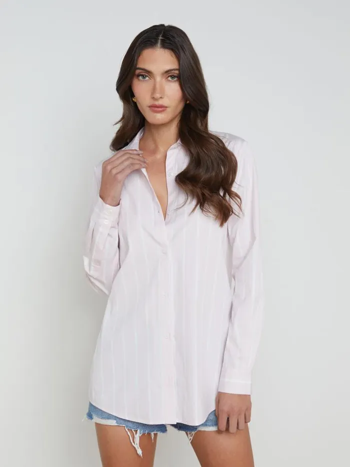 L039Agence Blouses and Tops Women Layla BackVent Poplin Tunic Lilac Snowwhite Stripe L039Agence Blouses and Tops Women Layla BackVent Poplin Tunic Lilac Snowwhite Stripe