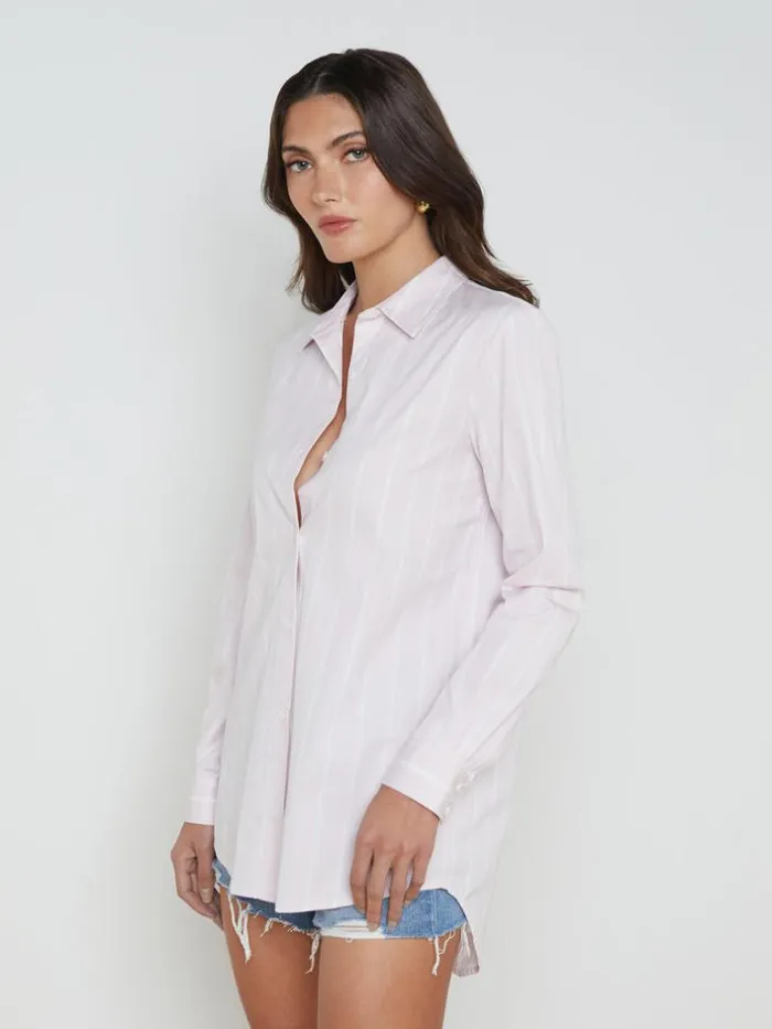 L039Agence Blouses and Tops Women Layla BackVent Poplin Tunic Lilac Snowwhite Stripe