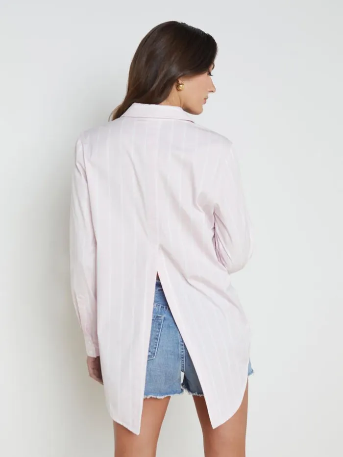 L039Agence Blouses and Tops Women Layla BackVent Poplin Tunic Lilac Snowwhite Stripe