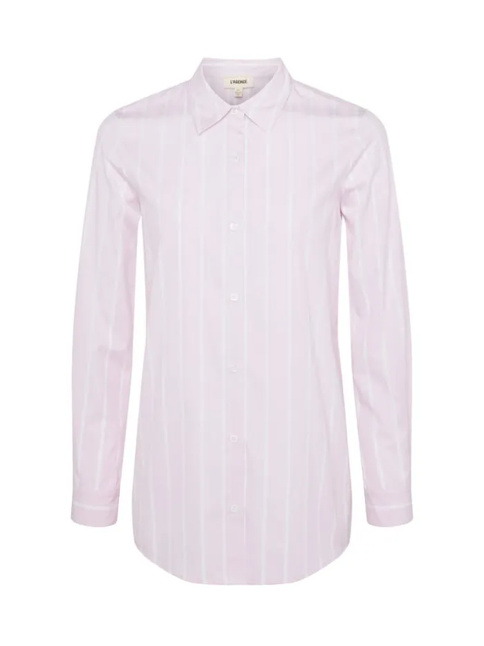 L039Agence Blouses and Tops Women Layla BackVent Poplin Tunic Lilac Snowwhite Stripe