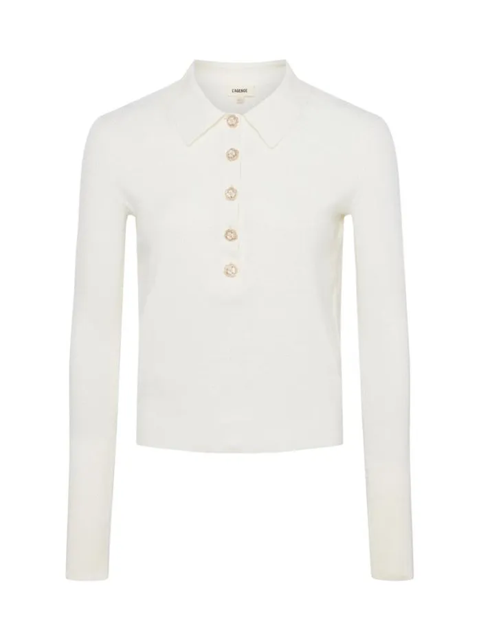 L039Agence Blouses and Tops Women Sterling SilkCotton Blend Sweater Ivory Jewel Button