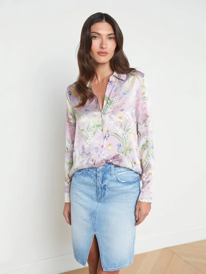 L039Agence Blouses and Tops Women Tyler Silk Blouse Lilac Snow Botanical Butterfly L039Agence Blouses and Tops Women Tyler Silk Blouse Lilac Snow Botanical Butterfly