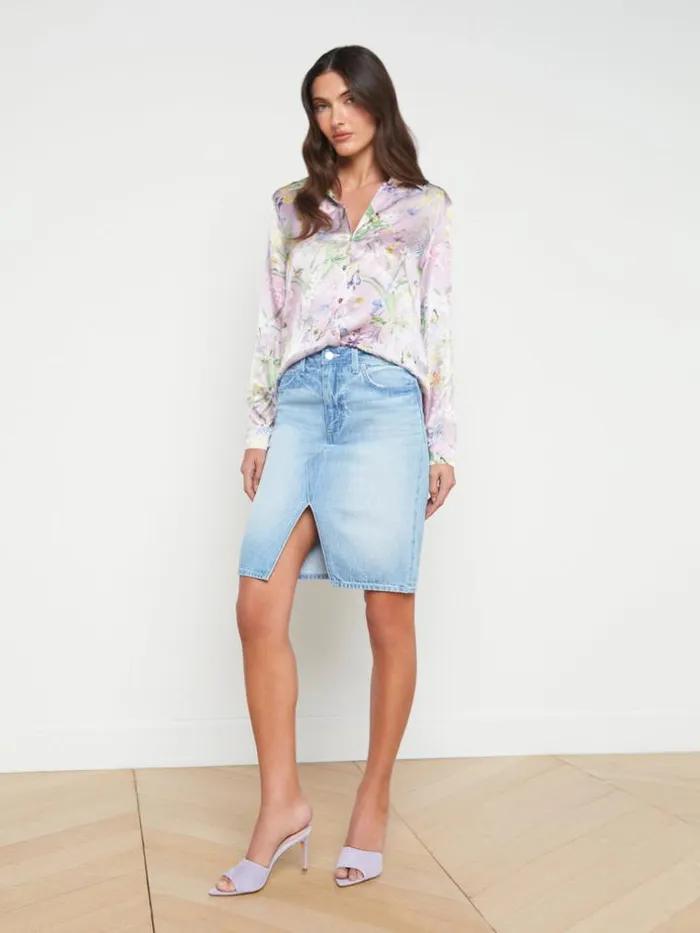 L039Agence Blouses and Tops Women Tyler Silk Blouse Lilac Snow Botanical Butterfly