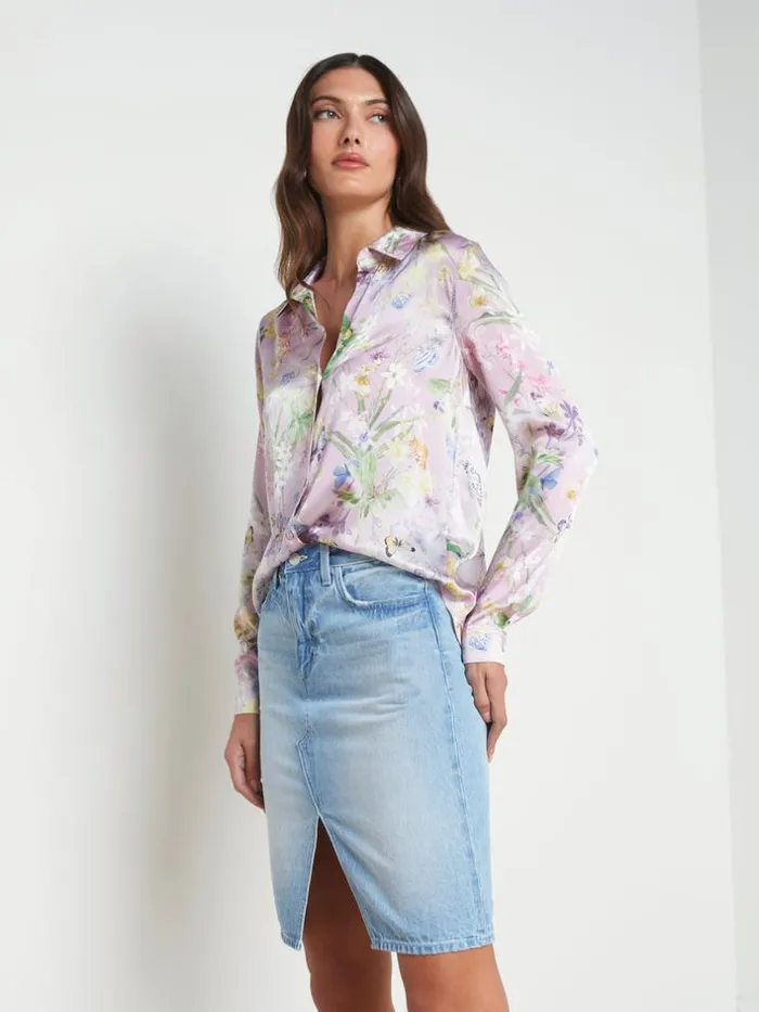 L039Agence Blouses and Tops Women Tyler Silk Blouse Lilac Snow Botanical Butterfly