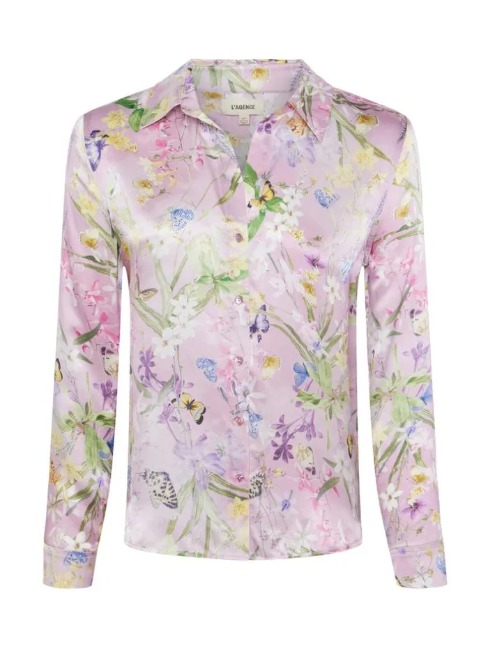 L039Agence Blouses and Tops Women Tyler Silk Blouse Lilac Snow Botanical Butterfly