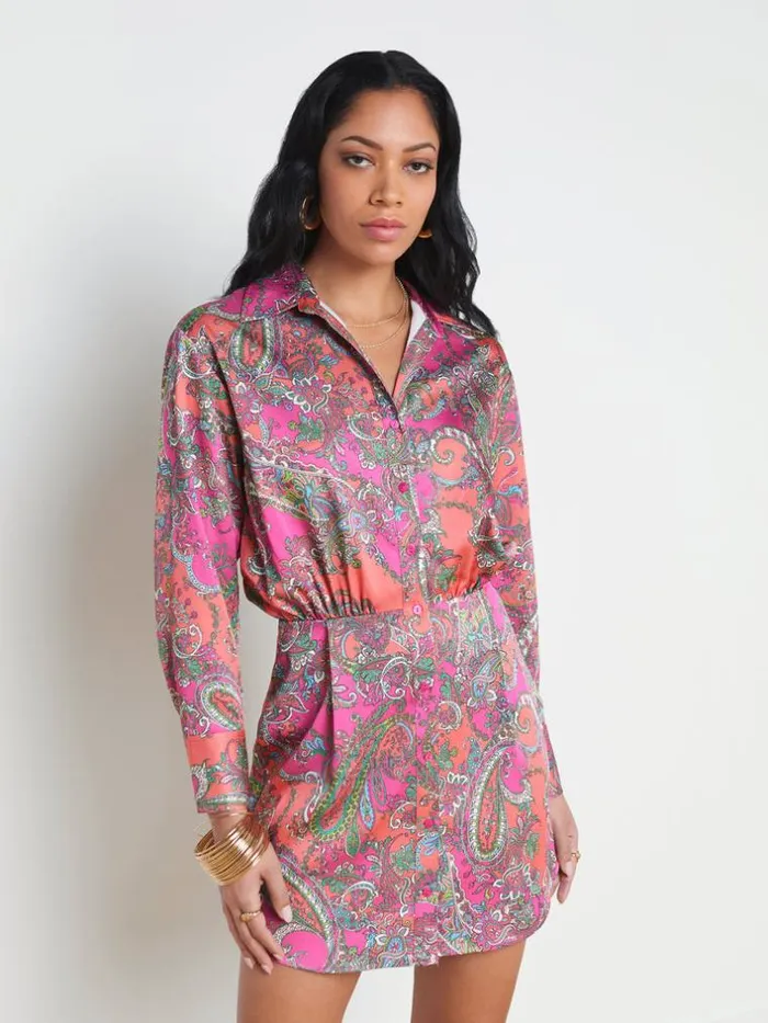 L039Agence Dresses and Jumpsuits Women Demetria Mini Shirt Dress Rhodamine Multi Bright Pop Paisley L039Agence Dresses and Jumpsuits Women Demetria Mini Shirt Dress Rhodamine Multi Bright Pop Paisley