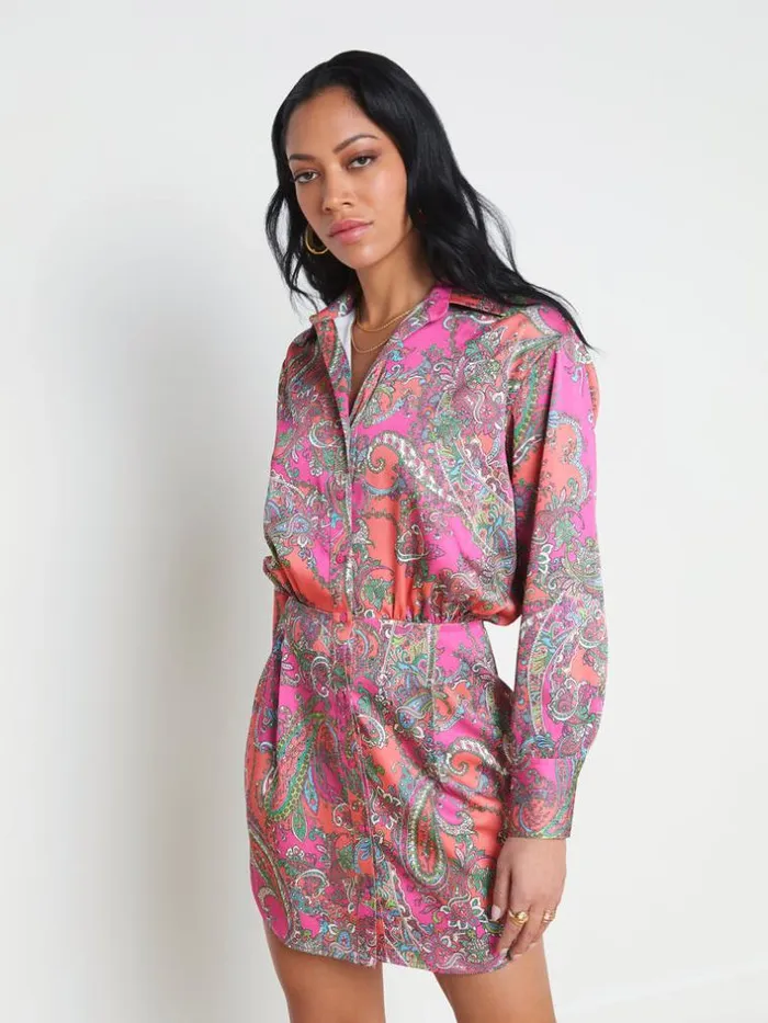 L039Agence Dresses and Jumpsuits Women Demetria Mini Shirt Dress Rhodamine Multi Bright Pop Paisley