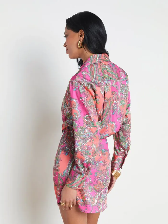 L039Agence Dresses and Jumpsuits Women Demetria Mini Shirt Dress Rhodamine Multi Bright Pop Paisley