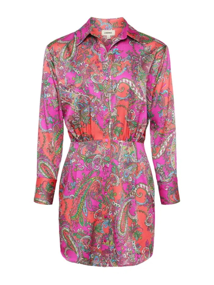 L039Agence Dresses and Jumpsuits Women Demetria Mini Shirt Dress Rhodamine Multi Bright Pop Paisley