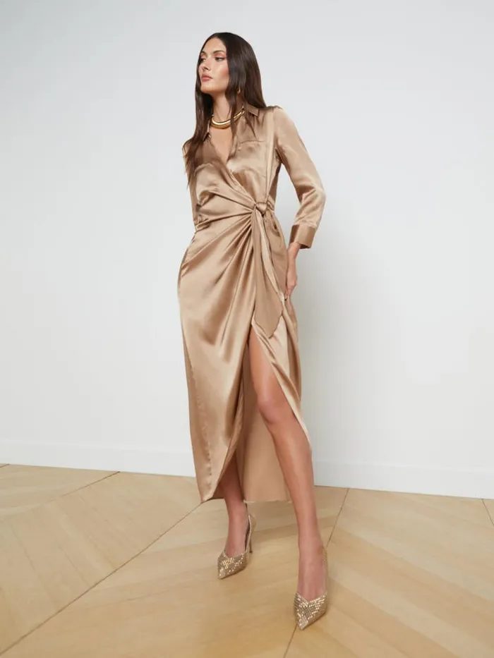L039Agence Dresses and Jumpsuits Women Kadi Silk Wrap Dress Dark Cappuccino