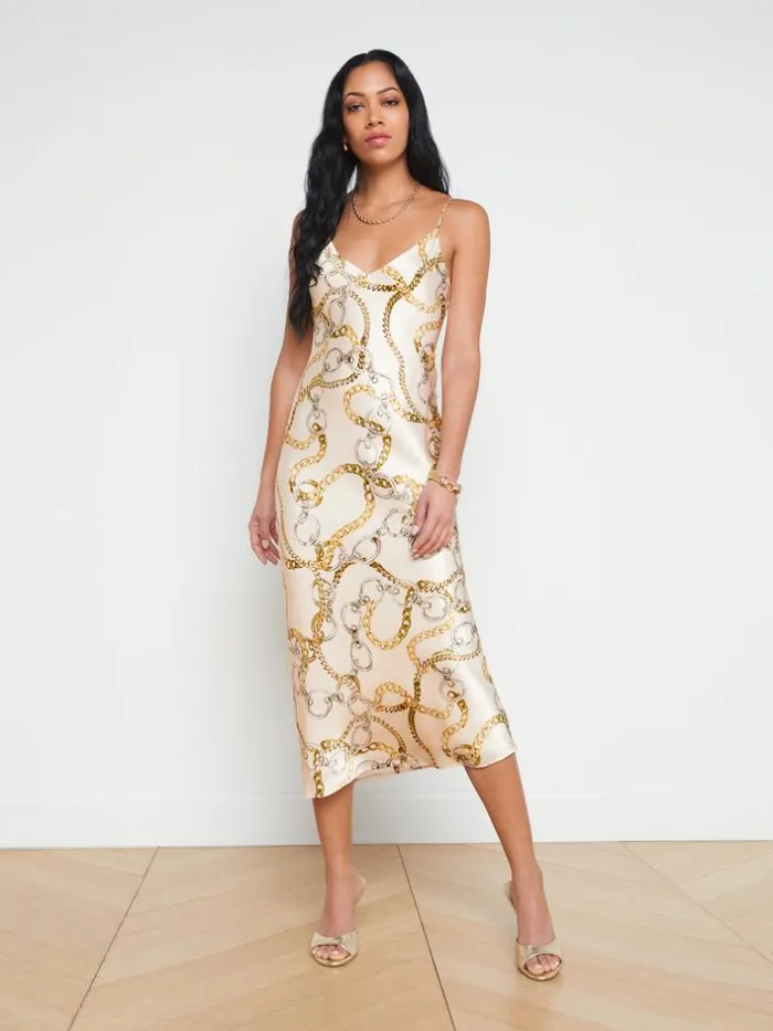 L039Agence Dresses and Jumpsuits Women Seridie Silk Slip Dress Ecru Multi Oversized Chain L039Agence Dresses and Jumpsuits Women Seridie Silk Slip Dress Ecru Multi Oversized Chain
