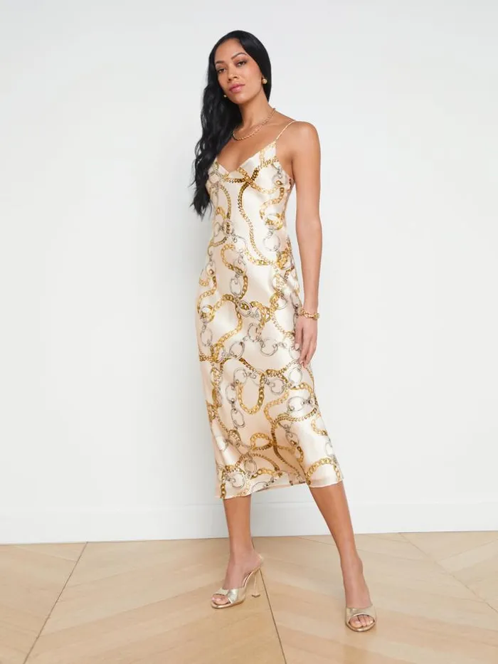 L039Agence Dresses and Jumpsuits Women Seridie Silk Slip Dress Ecru Multi Oversized Chain