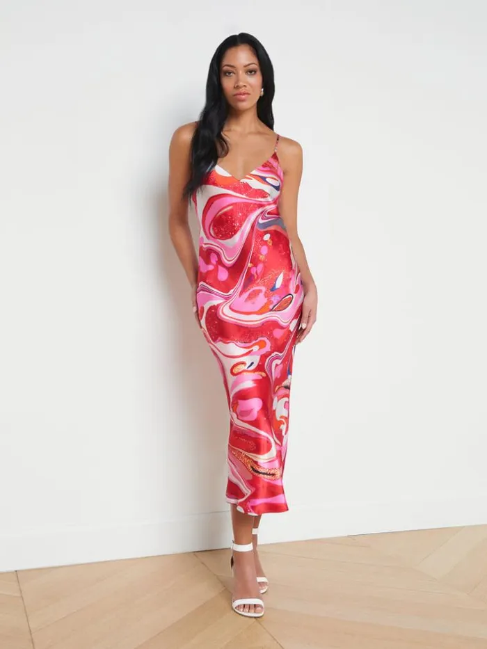 L039Agence Dresses and Jumpsuits Women Seridie Silk Slip Dress Pink Multi Tie Dye Swirl