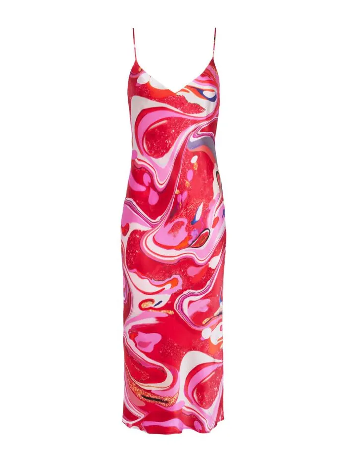 L039Agence Dresses and Jumpsuits Women Seridie Silk Slip Dress Pink Multi Tie Dye Swirl