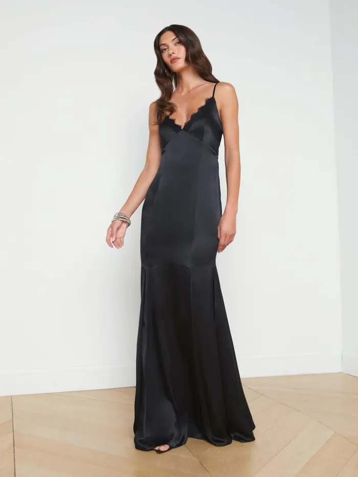 L039Agence Dresses and Jumpsuits Women Zanna Silk LaceTrim Gown Black
