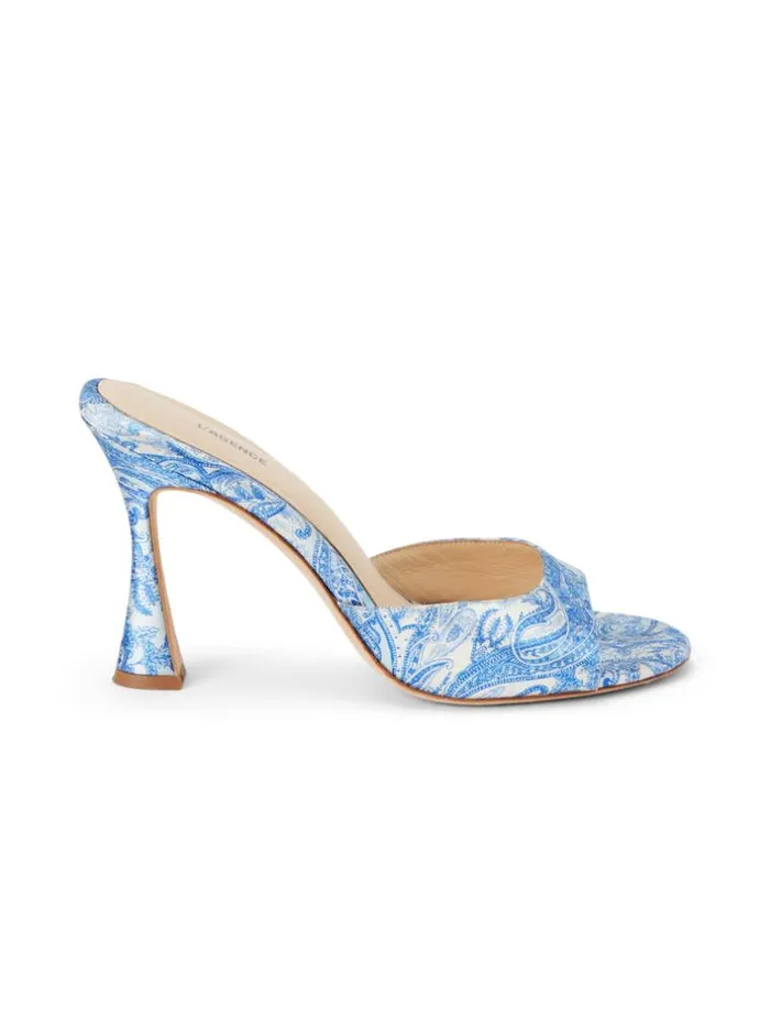 L039Agence Heels and Pumps Women Avery Satin PeepToe Mule Blue Ivory Paisley Satin