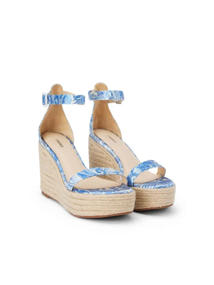L039Agence Heels and Pumps Women Avice Wedge Espadrille Blue Ivory Paisley Satin