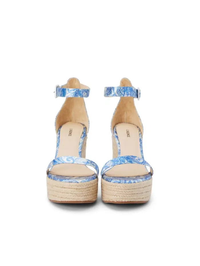 L039Agence Heels and Pumps Women Avice Wedge Espadrille Blue Ivory Paisley Satin