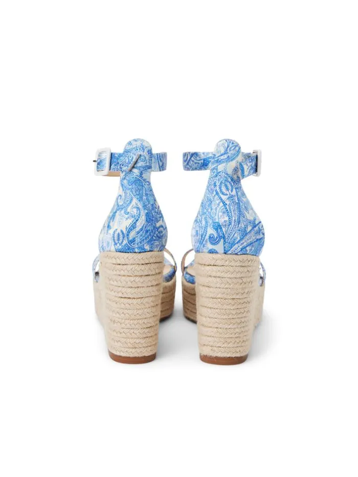 L039Agence Heels and Pumps Women Avice Wedge Espadrille Blue Ivory Paisley Satin