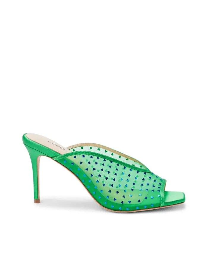 L039Agence Heels and Pumps Women Germain Open Toe Mule Amazon Green Satin