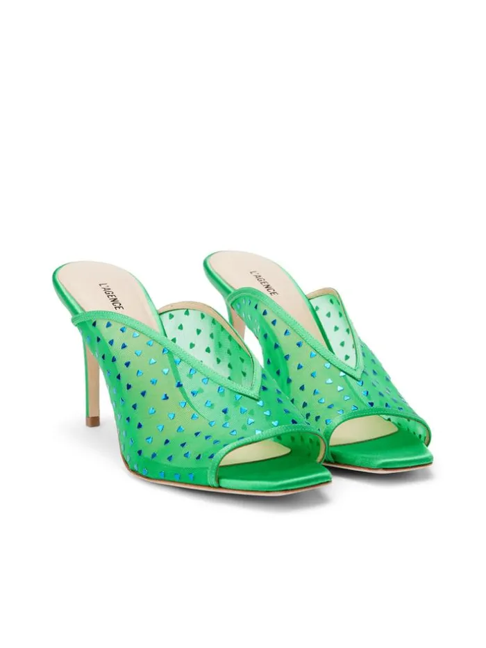 L039Agence Heels and Pumps Women Germain Open Toe Mule Amazon Green Satin