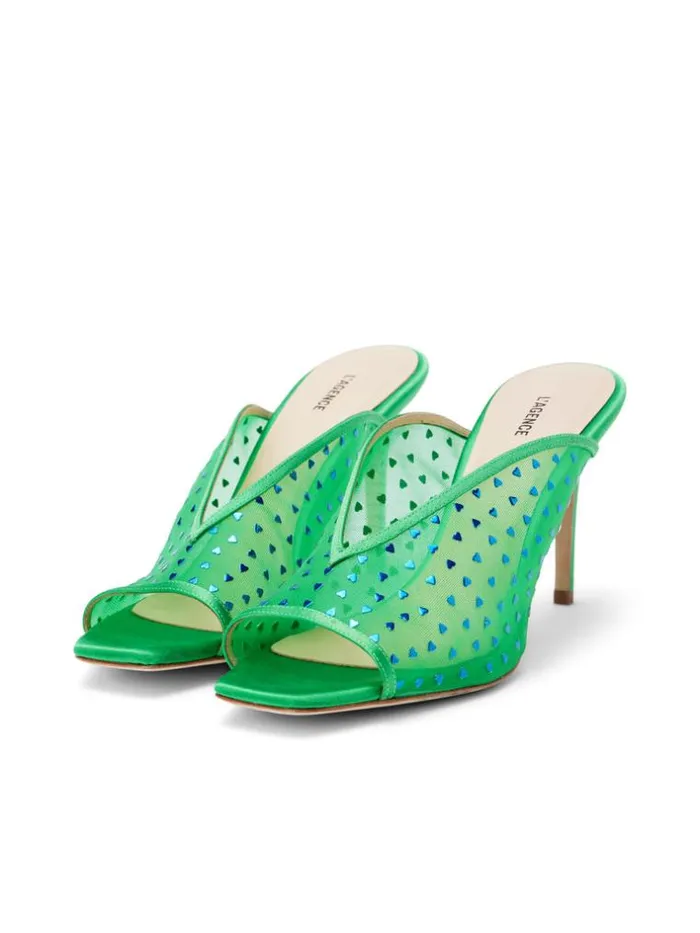 L039Agence Heels and Pumps Women Germain Open Toe Mule Amazon Green Satin