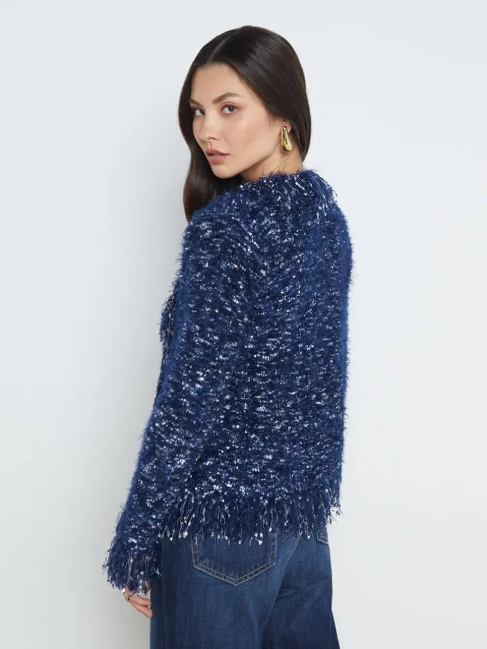 L039Agence Knitwear Women Azure Fringe Cardigan Blazer Midnight Multi