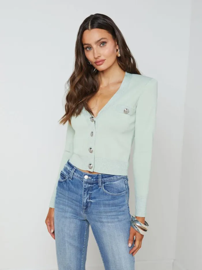 L039Agence Knitwear Women Taya VNeck Cardigan Laurel Greenlurex