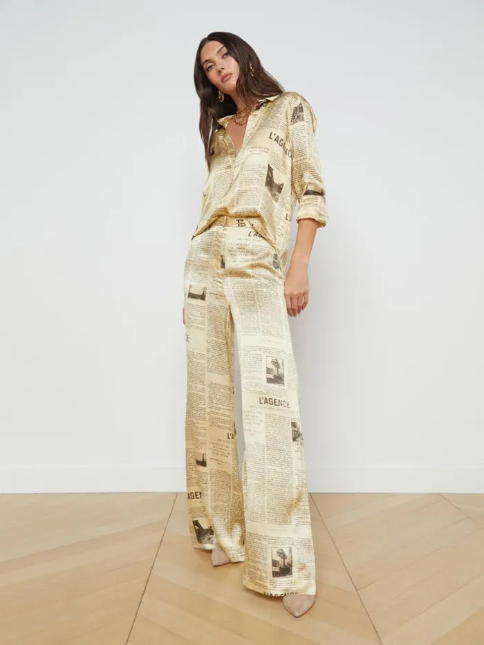 L039Agence Pants Shorts and Skirts Women Gavin Silk WideLeg Pant Vintage Tan Newspaper L039Agence Pants Shorts and Skirts Women Gavin Silk WideLeg Pant Vintage Tan Newspaper