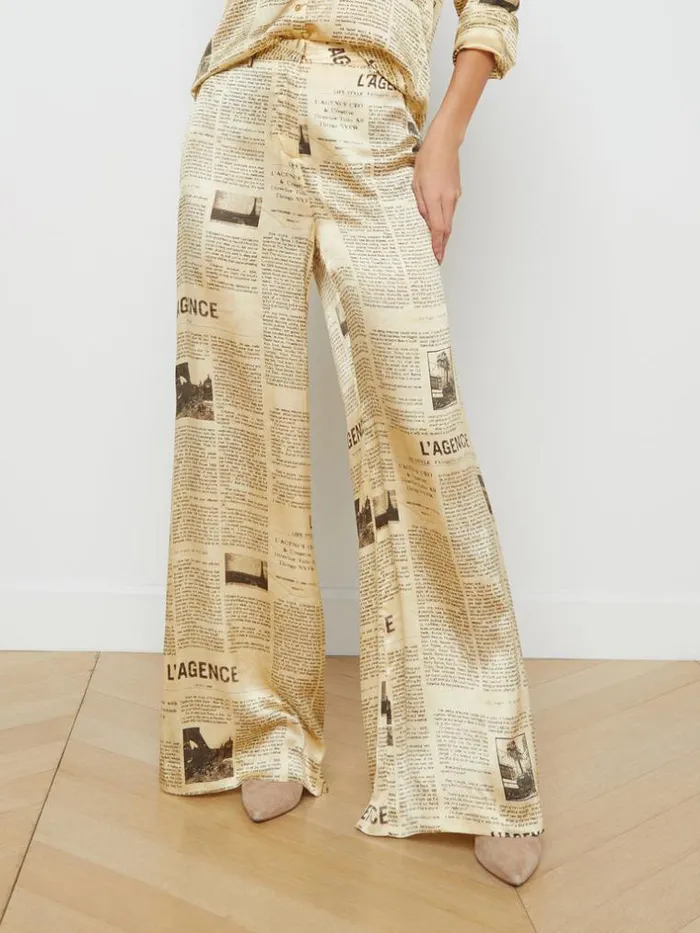 L039Agence Pants Shorts and Skirts Women Gavin Silk WideLeg Pant Vintage Tan Newspaper