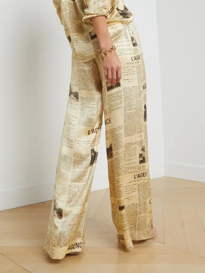 L039Agence Pants Shorts and Skirts Women Gavin Silk WideLeg Pant Vintage Tan Newspaper