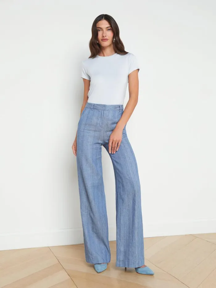 L039Agence Pants Shorts and Skirts Women Livvy LinenBlend Straight Leg Trouser Slate Blue Pinstripe L039Agence Pants Shorts and Skirts Women Livvy LinenBlend Straight Leg Trouser Slate Blue Pinstripe